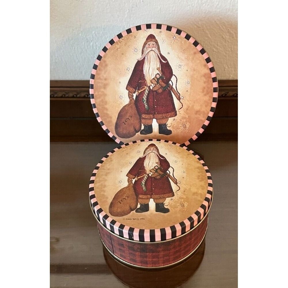 Vtg 96 Linda Spivey Santa Print With Doll and‎ Toy Bag Round Tins 5.5'' & 6.5''